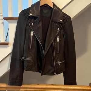 AllSaints chocolate brown Quilted Leather moto Jacket
